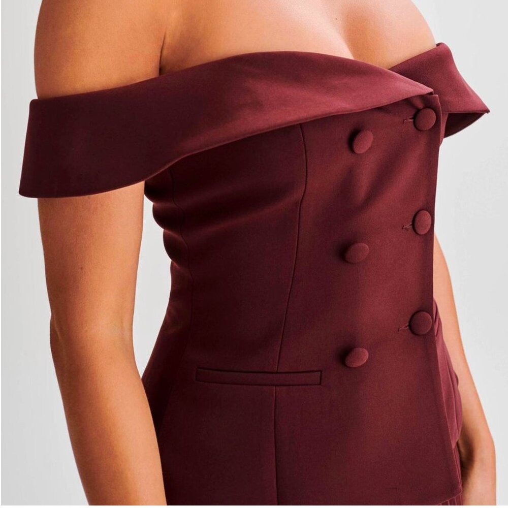 MESHKI Krista Strapless Suiting Top AND Skirt Set- Plum | XXS - Picture 3 of 5